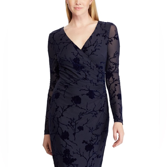 LAUREN RALPH LAUREN WOMEN'S FLOCKED FLORAL VELVET DRESS Navy Blue - Picture 3 of 7